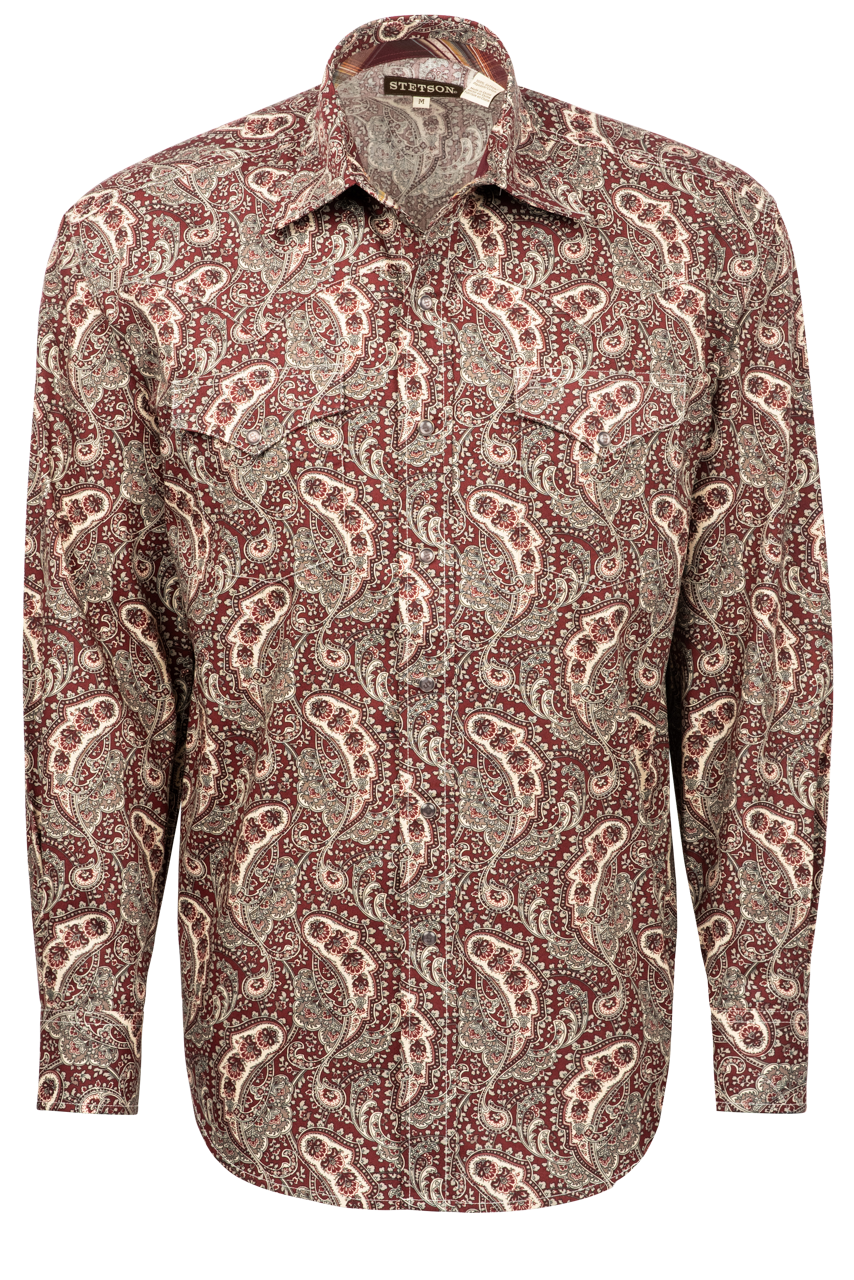 Stetson Men's Wine Paisley Print Snap Front Western Shirt | Pinto