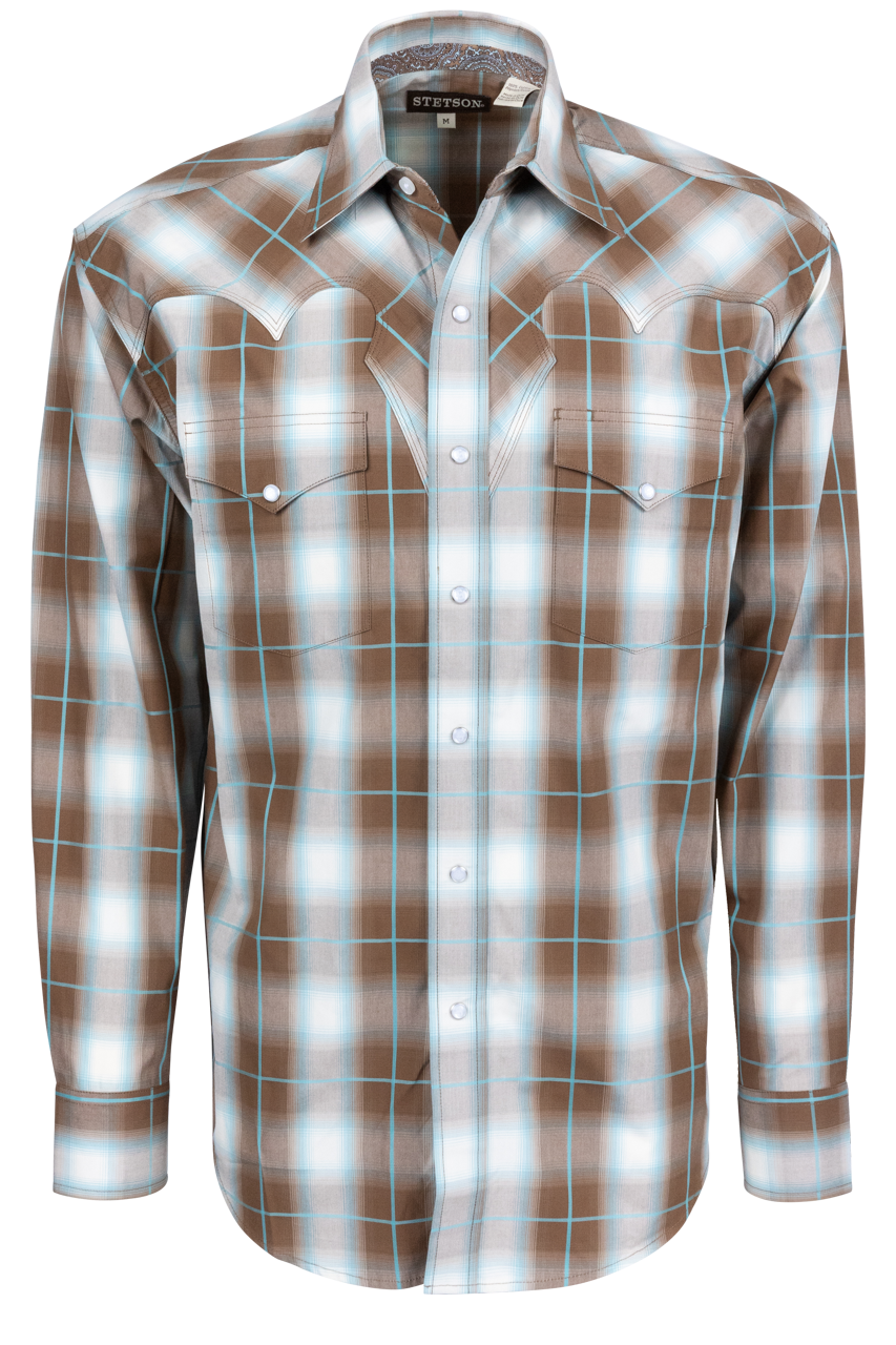 Stetson Men's Plaid Snap Front Shirt - Brown Ombre