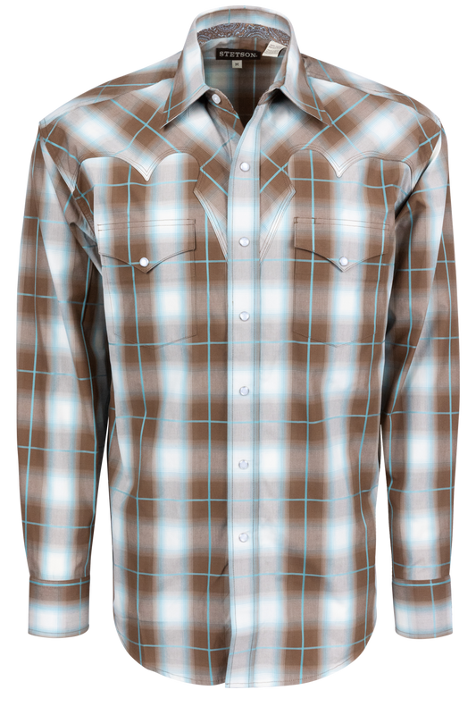Stetson Men's Plaid Snap Front Shirt - Brown Ombre