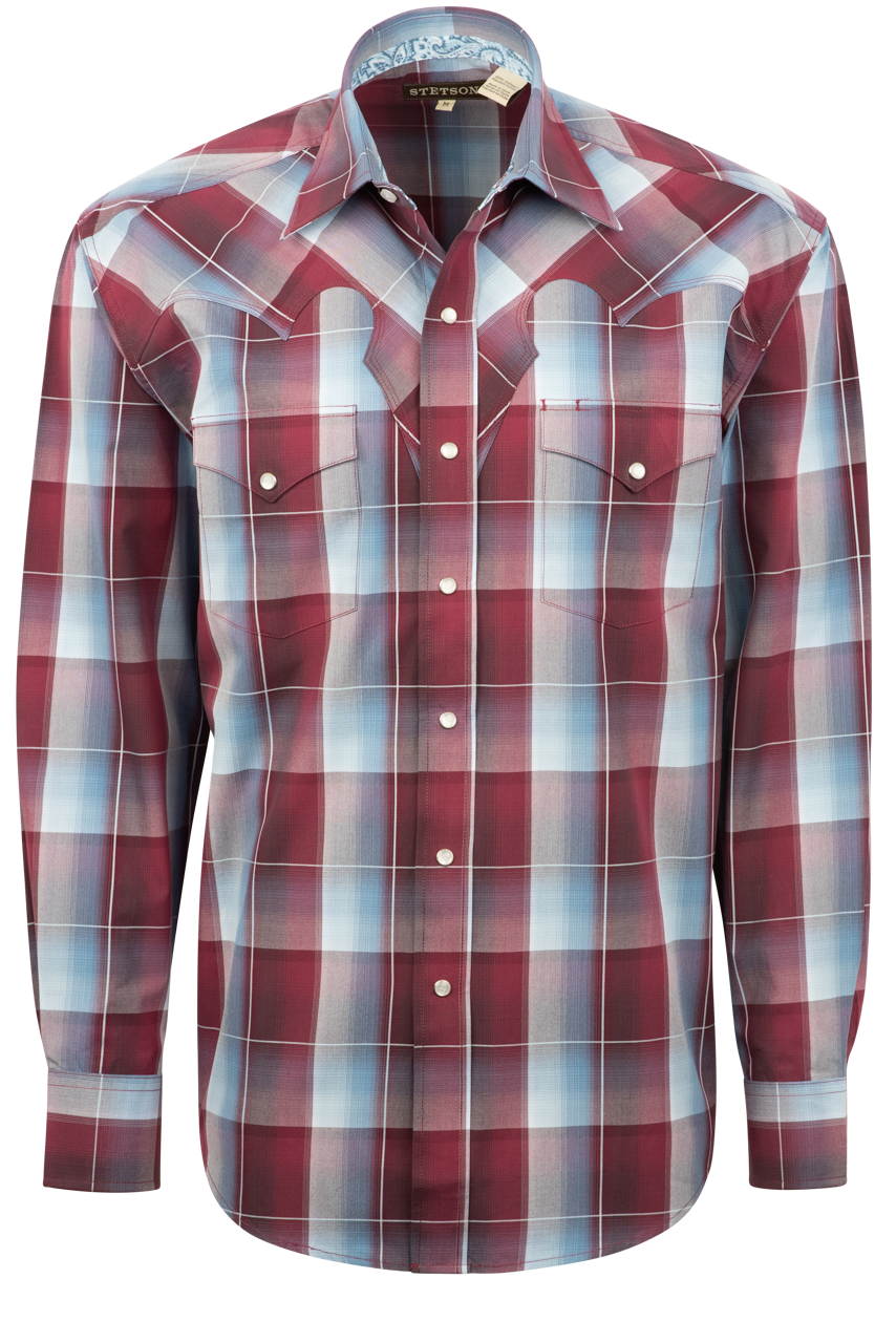 Stetson Men's Buffalo Plaid Pearl Snap Shirt - Wine