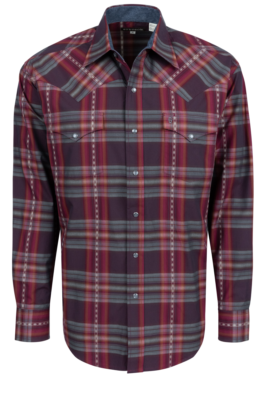 Stetson Men's Plaid Snap Front Shirt - Burgundy