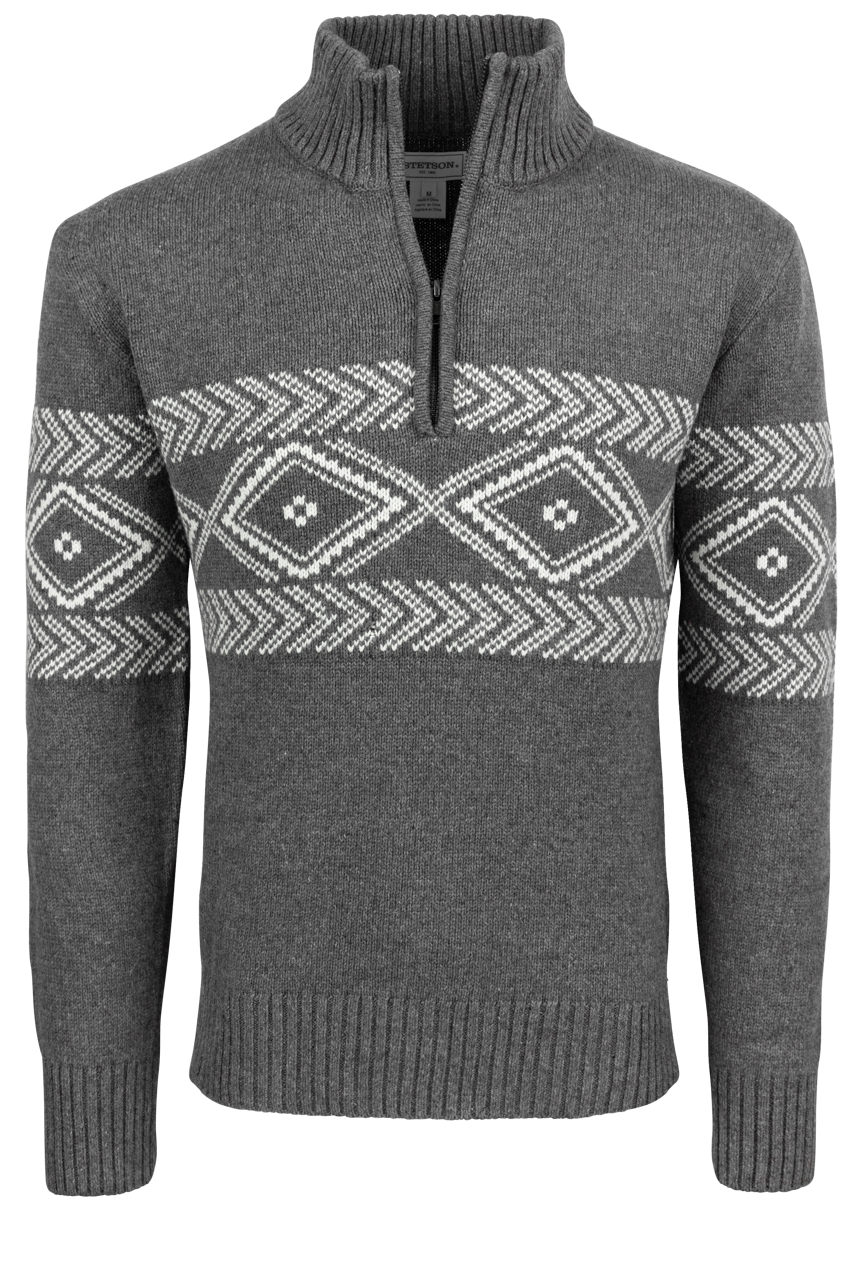 Stetson Men's Gray Aztec Quarter Zip Sweater Pinto Ranch