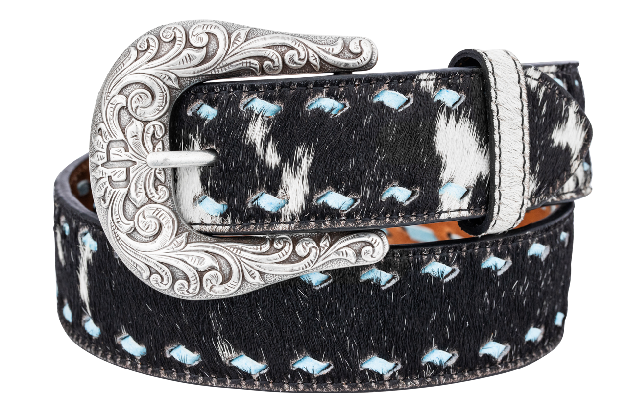 Belt with black and white cowhide pattern and silver buckle on a white background
