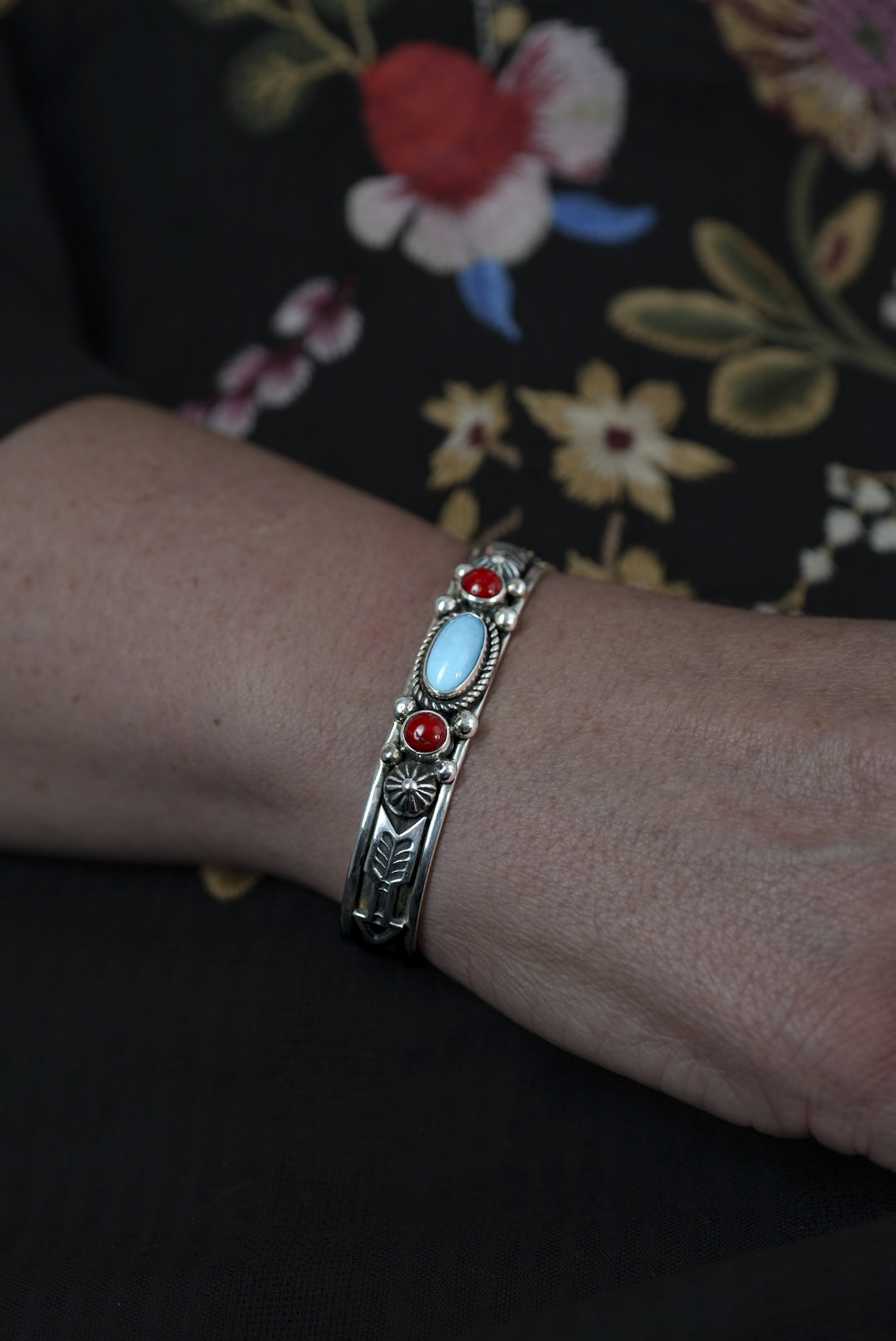 Turquoise and Coral Cuff Bracelet