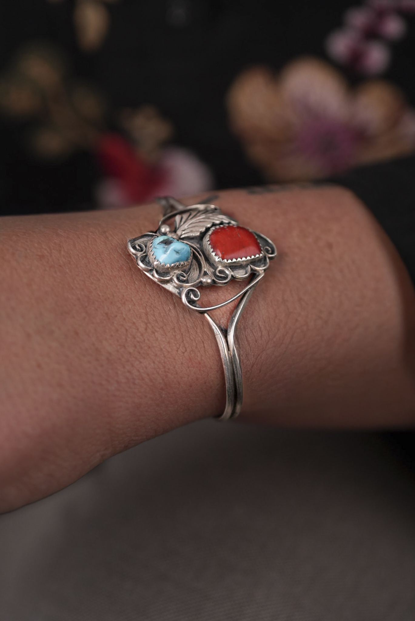 Large Coral and Turquoise Stone Bracelet