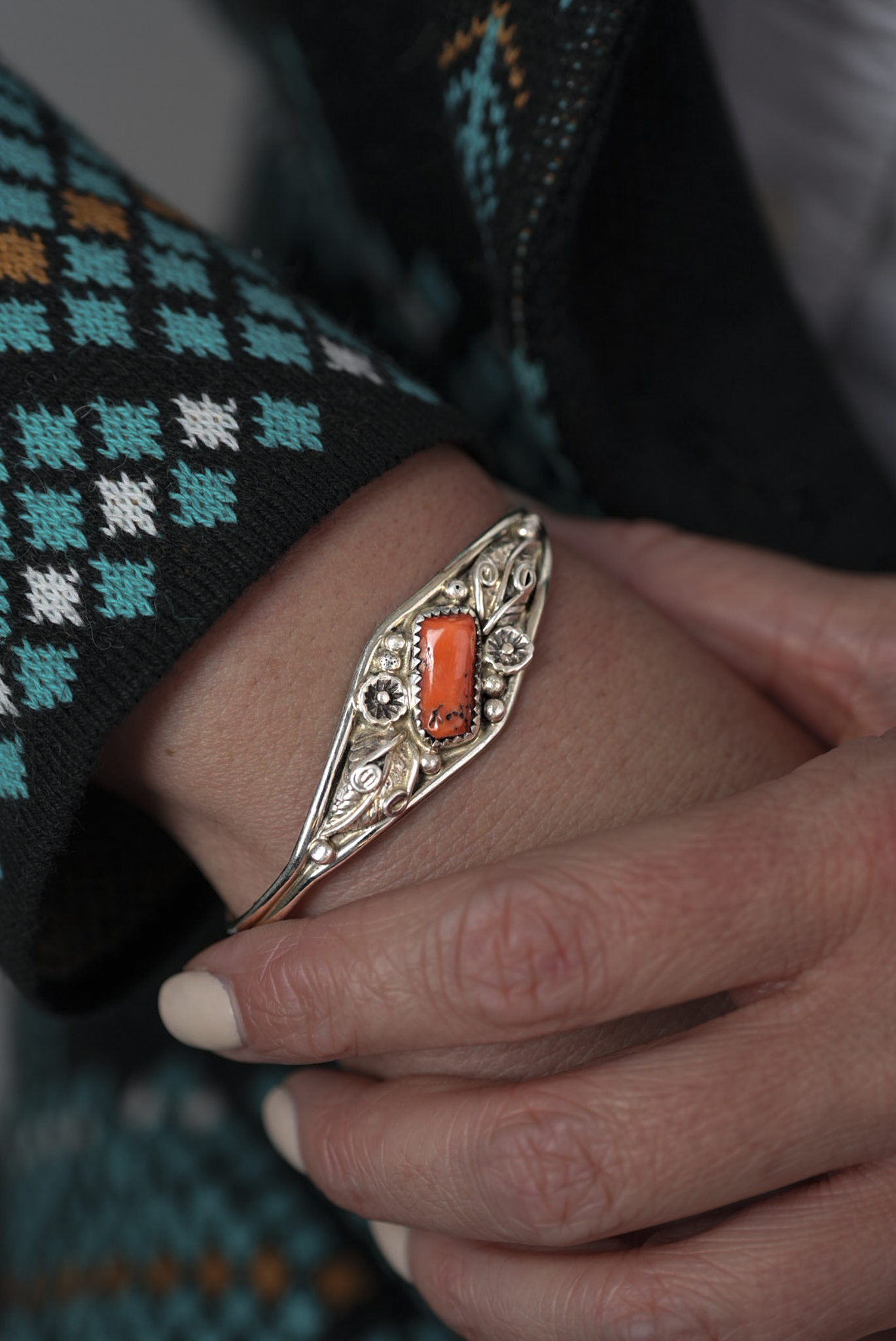 Silver and Coral Cuff Bracelet