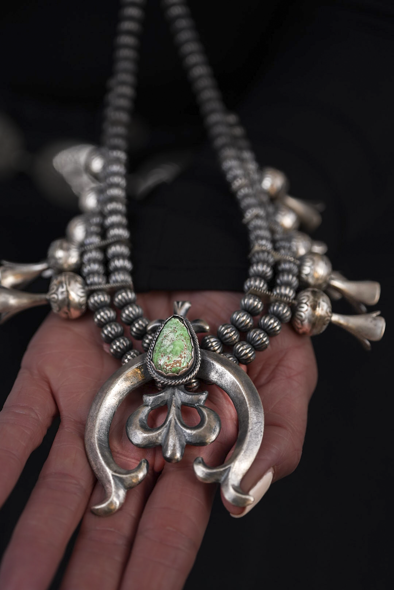 Silver and Turquoise Squash Blossom Necklace