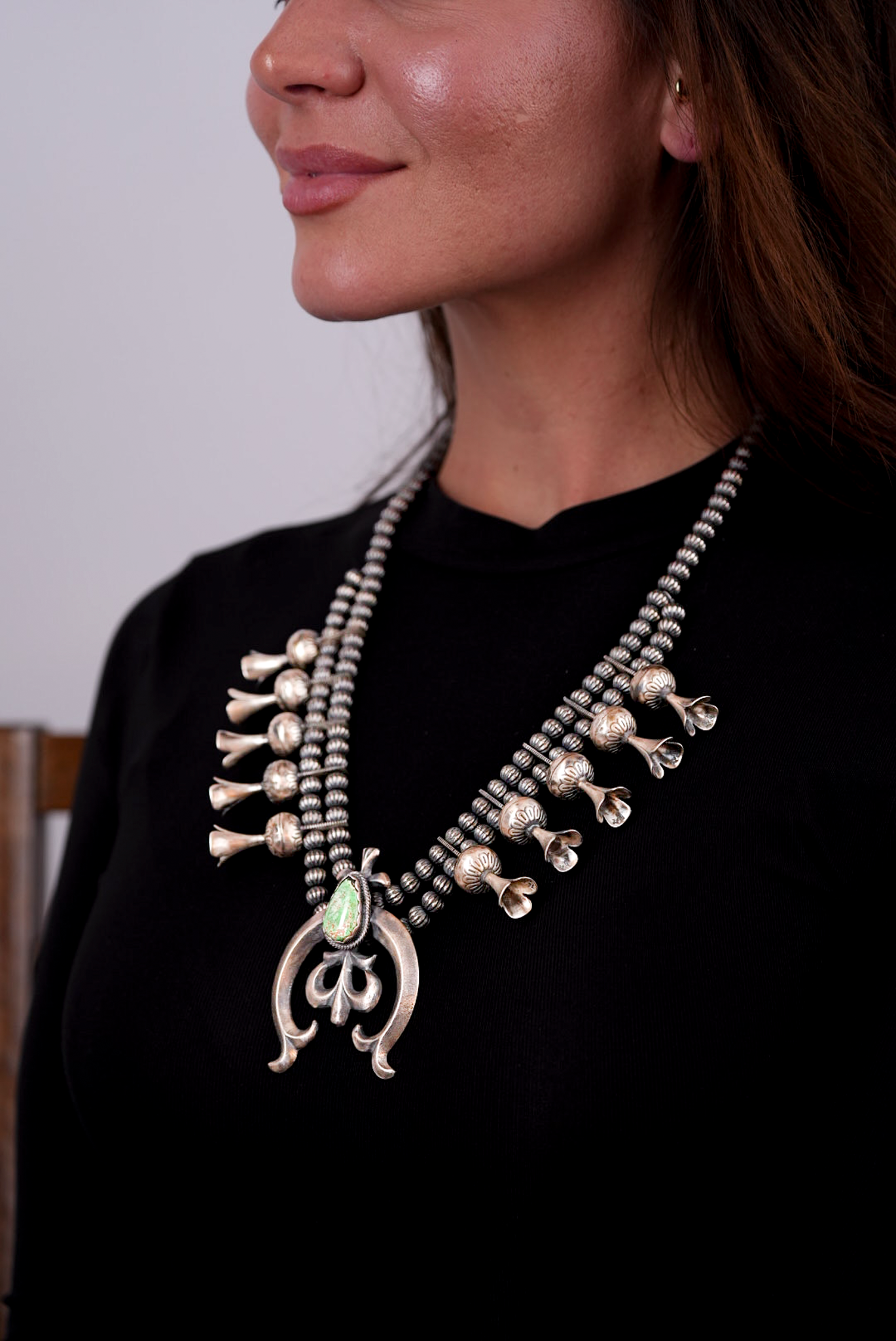 Silver and Turquoise Squash Blossom Necklace