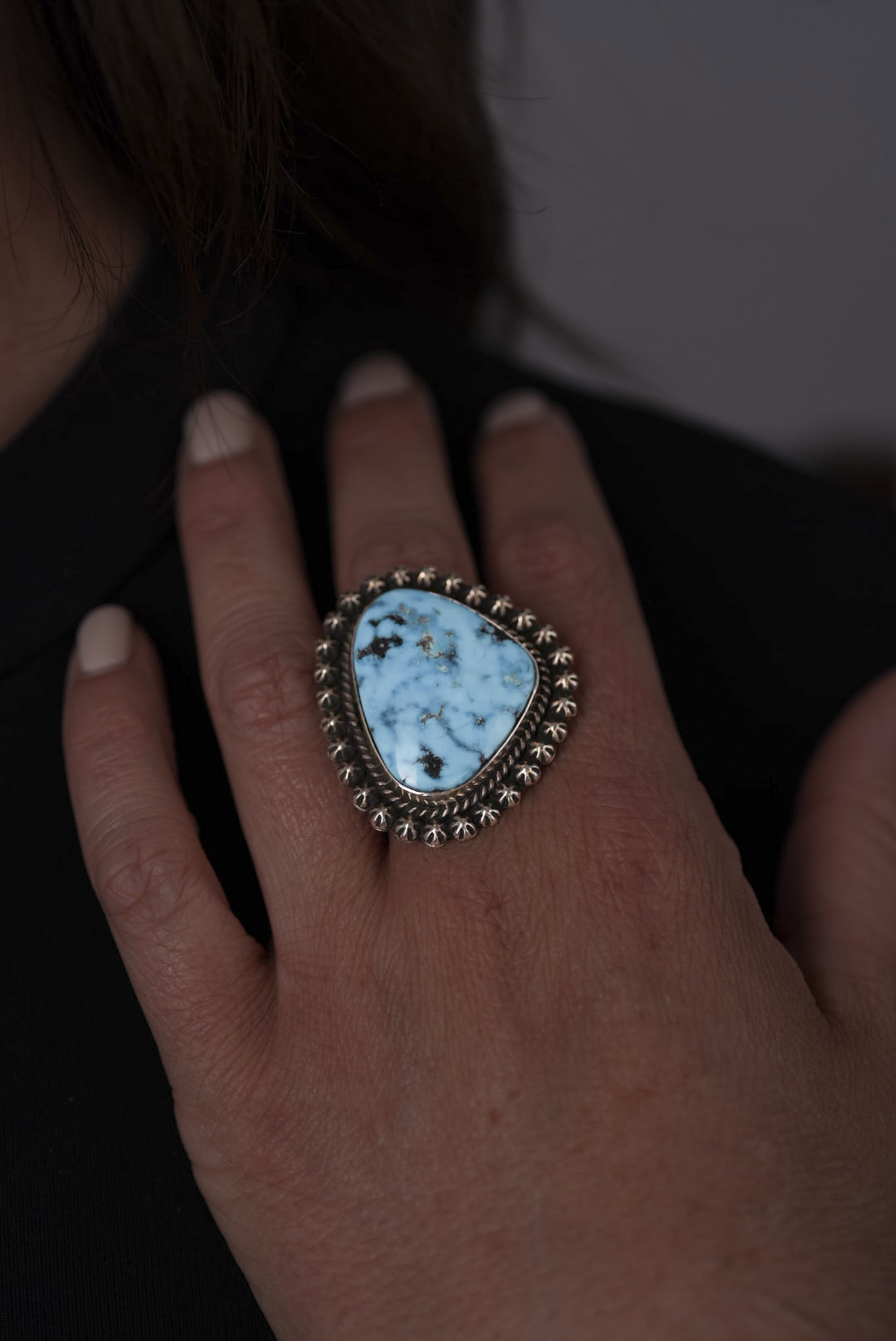Engraved Turquoise and Silver Ring
