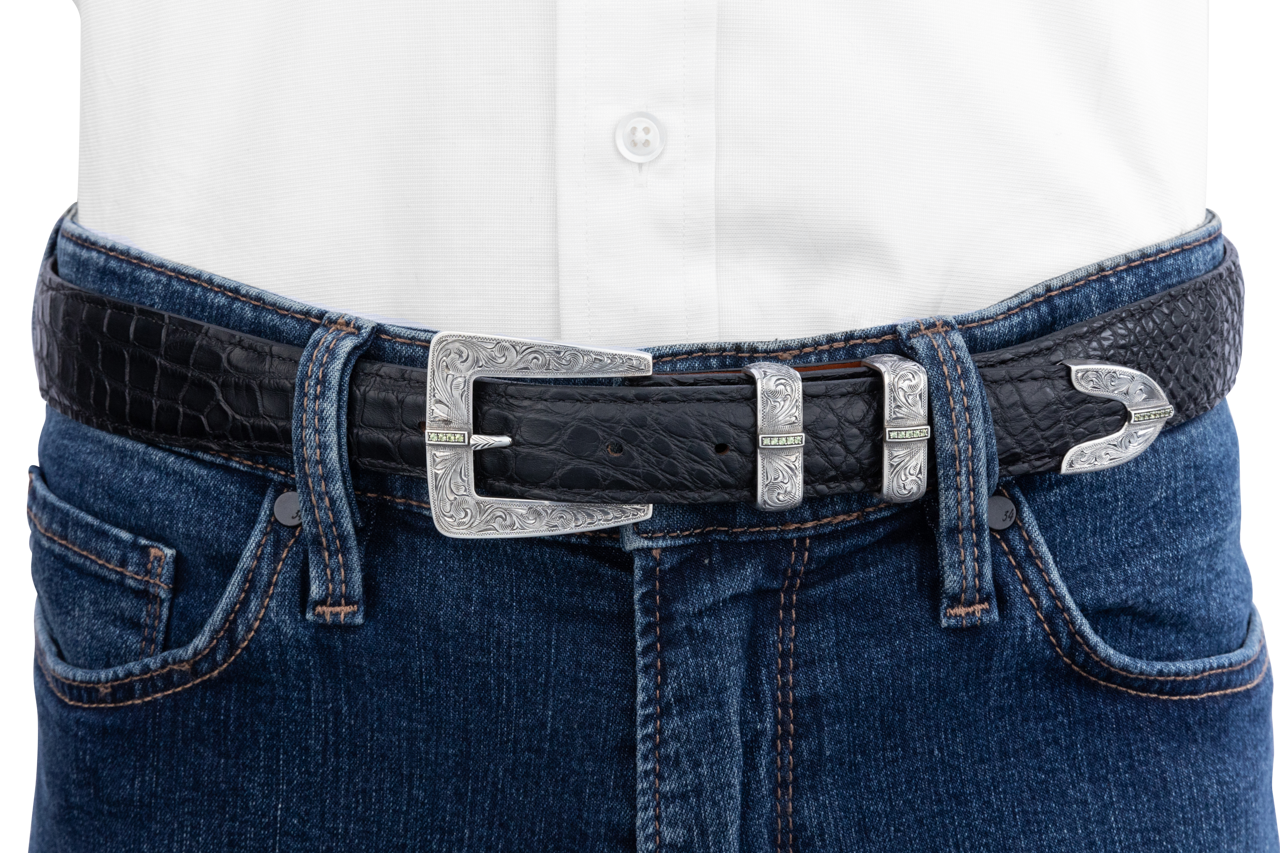 Clint Orms 1" Engraved 1805 Silver Buckle Set