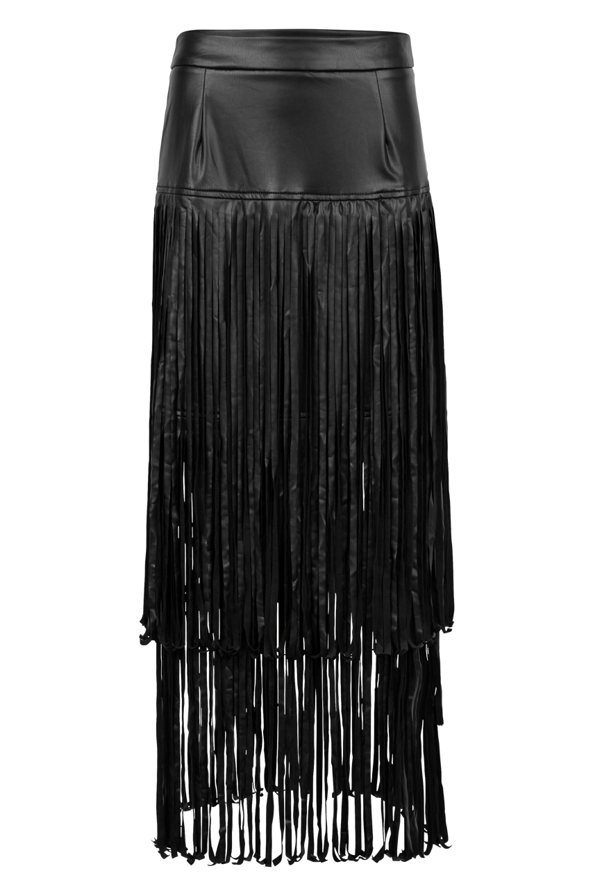 Adore Vegan Leather Long Fringe Skirt