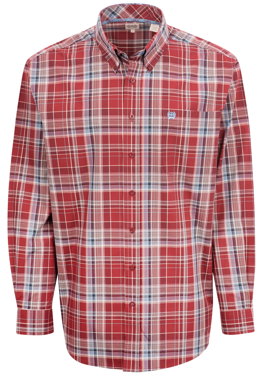 Cinch Plaid Button-Front Shirt - Red