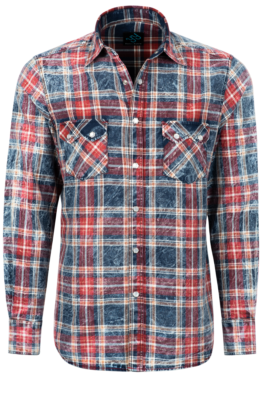Pinto Ranch YY Collection Washed Plaid Snap Front Shirt - Red/Indigo