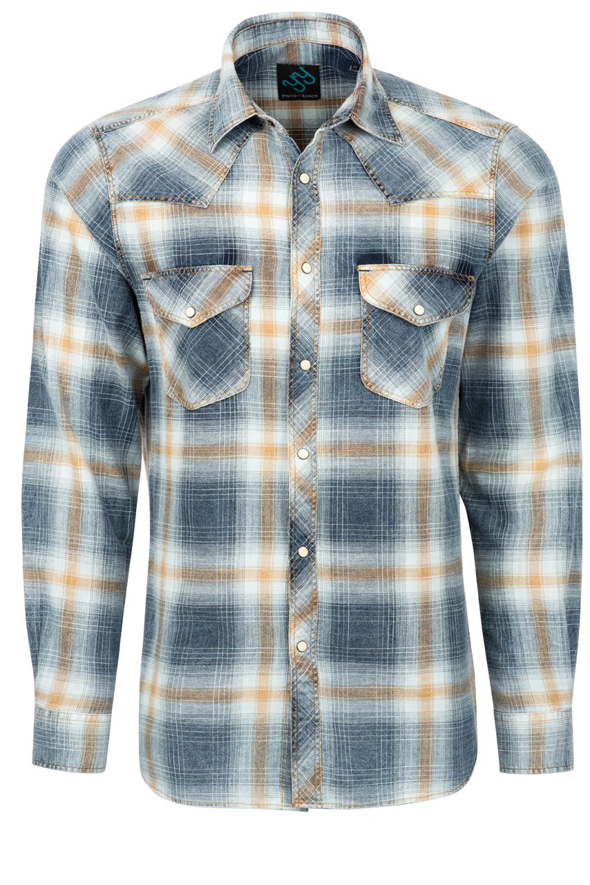 Pinto Ranch YY Collection Washed Plaid Snap Front Shirt - Gold/Indigo