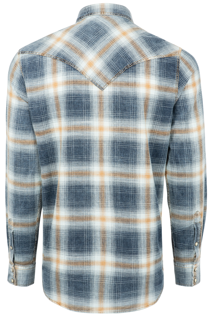Pinto Ranch YY Collection Washed Plaid Snap Front Shirt - Gold/Indigo