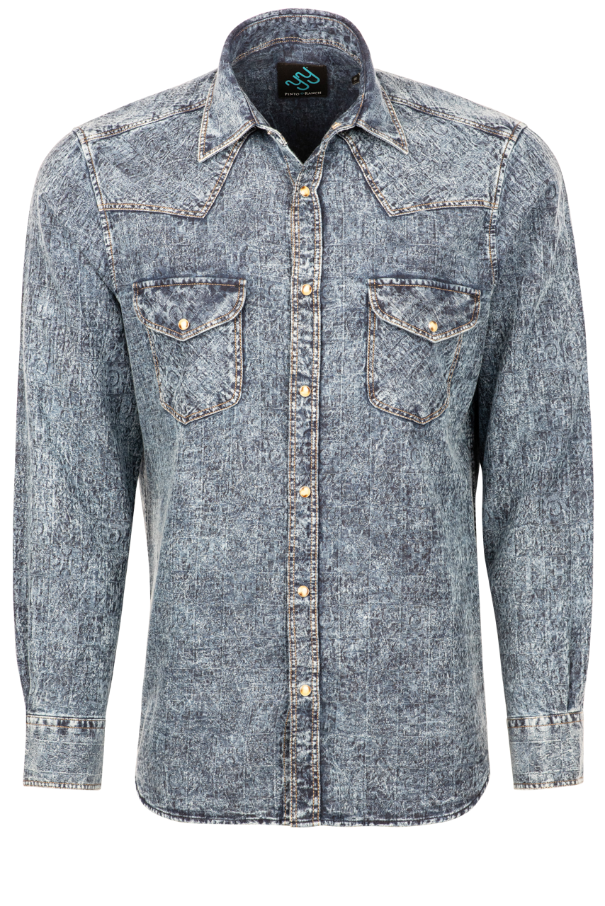 Pinto Ranch YY Collection Jacquard Washed Snap Front Shirt - Indigo
