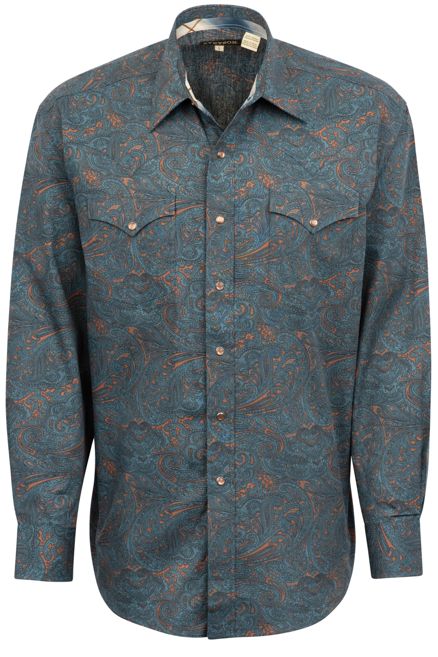 Stetson Men's Steel Paisley Print Pearl Snap Shirt - Blue