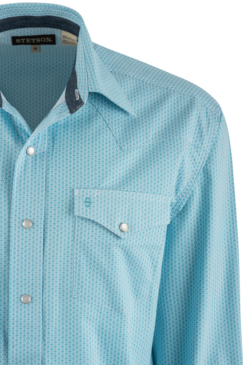 Stetson Deco Print Long Sleeve Pearl Snap Shirt - Blue