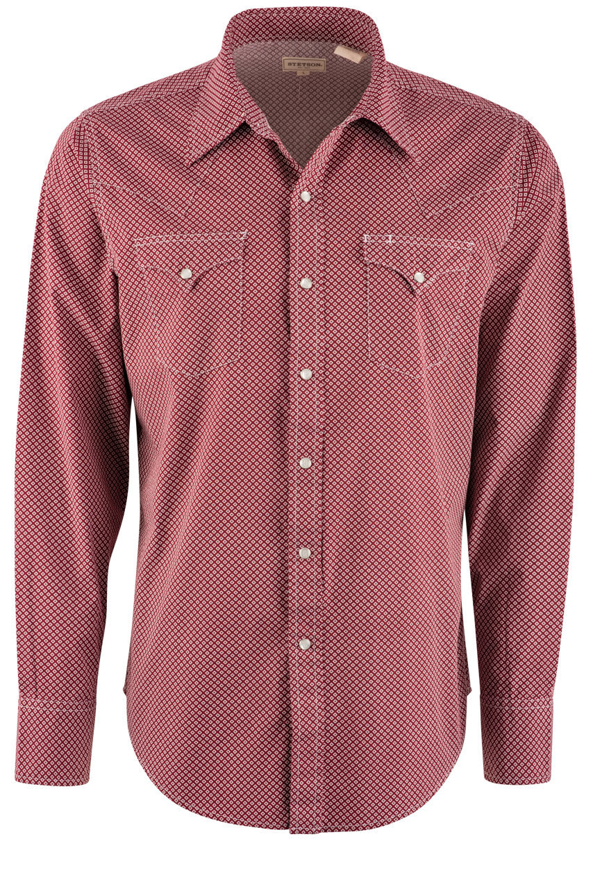 Stetson Diamond Long Sleeve Pearl Snap Shirt - Red