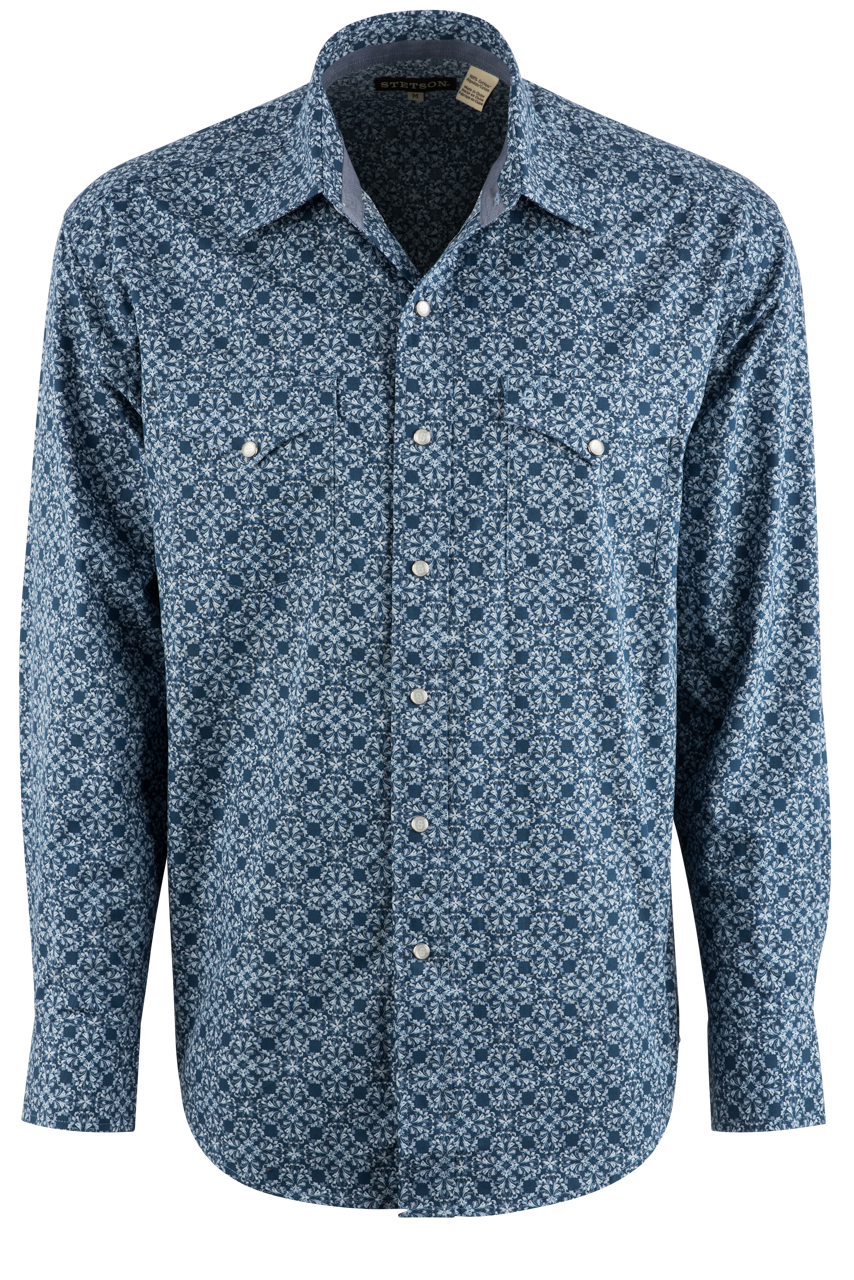 Stetson Men's Cotton Poplin Pearl Snap Shirt - Blue Baroque