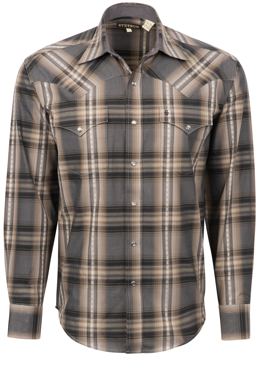 Stetson Men's Dobby Plaid Pearl Snap Shirt - Granite