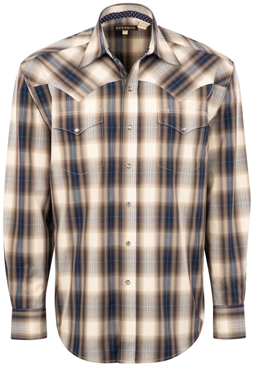 Stetson Men's Dobby Plaid Pearl Snap Shirt - Brown