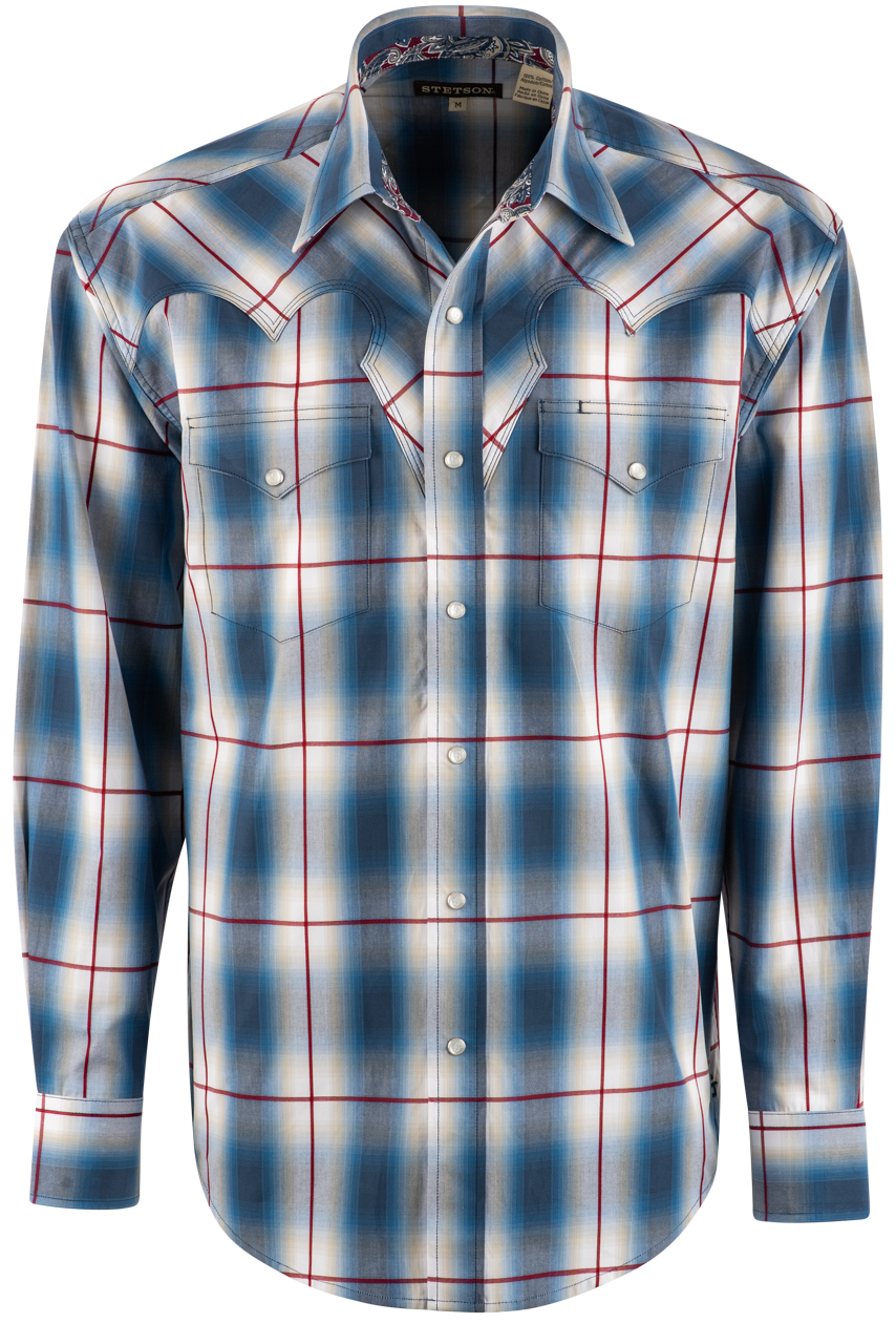 Stetson Ombre Plaid Long Sleeve Pearl Snap Shirt - Blue