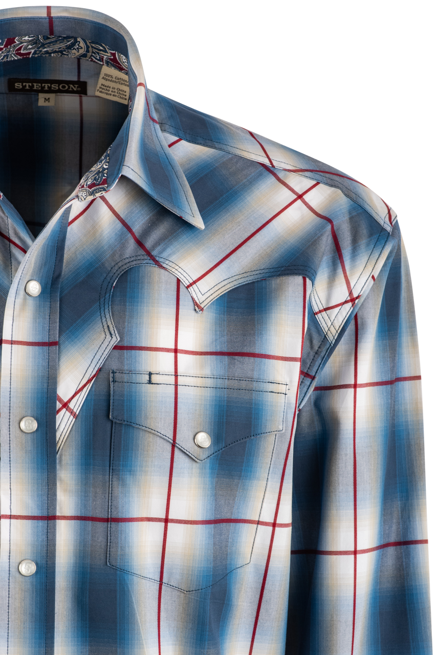 Stetson Ombre Plaid Long Sleeve Pearl Snap Shirt - Blue