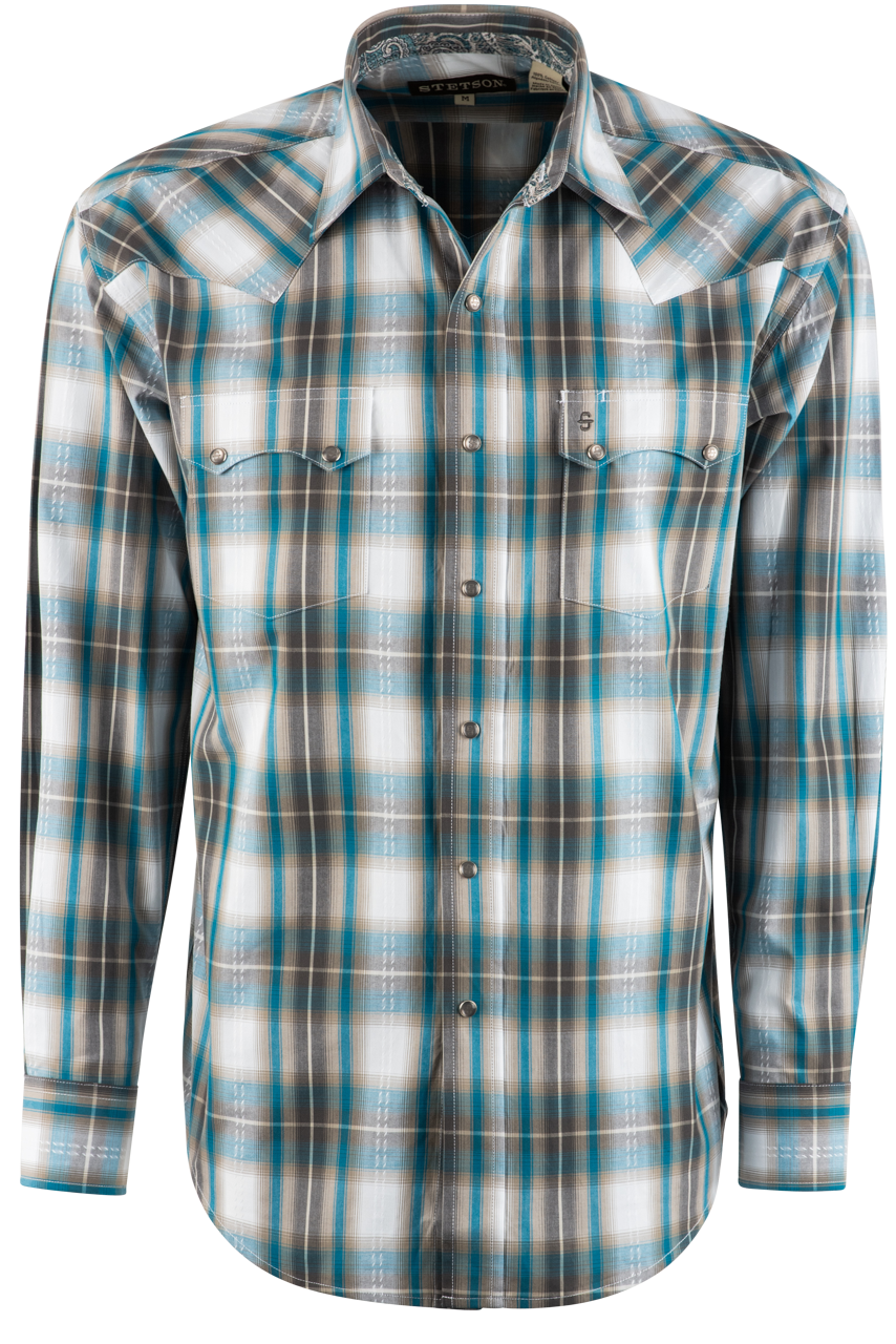 Stetson Mallard Plaid Dobby Long Sleeve Pearl Snap Shirt - Brown