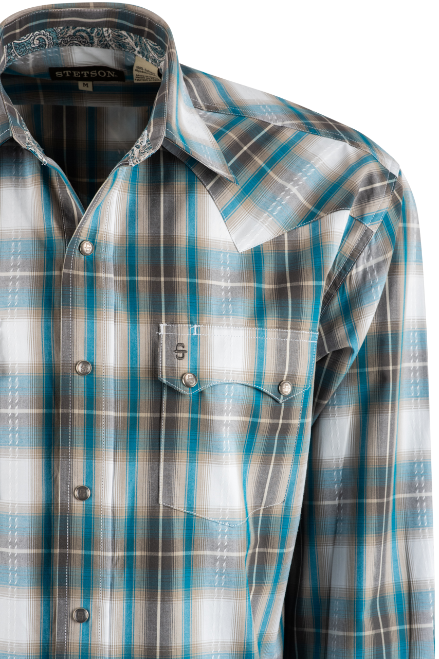 Stetson Mallard Plaid Dobby Long Sleeve Pearl Snap Shirt - Brown
