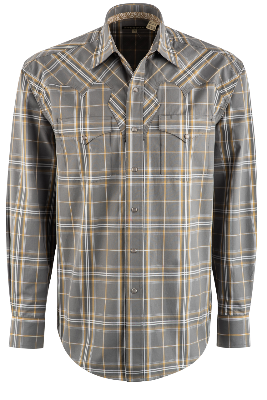 Stetson Men's Denim Plaid Pearl Snap Shirt - Classic Yellow