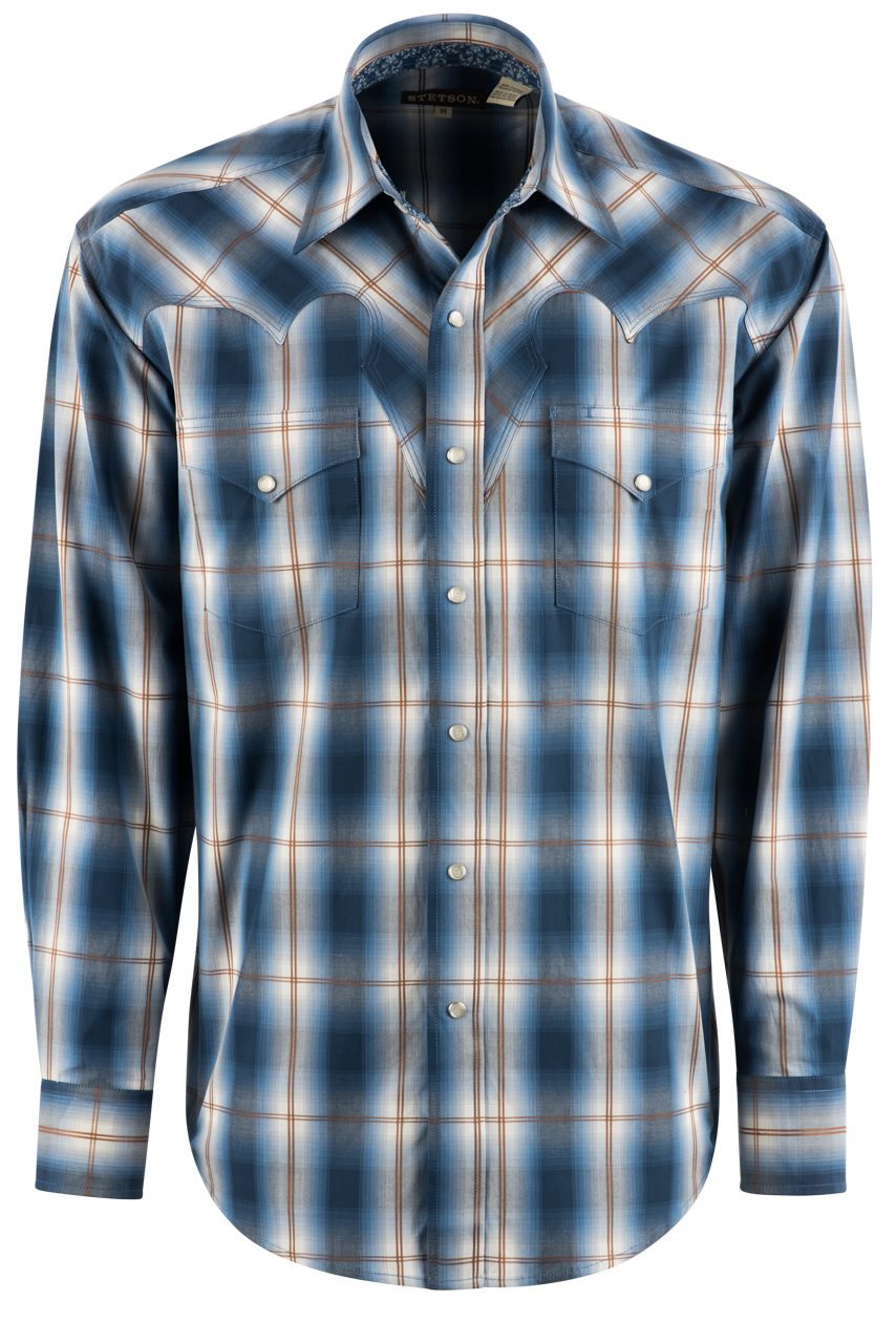 Stetson Men's Ombre Plaid Pearl Snap Shirt - Blue Indigo