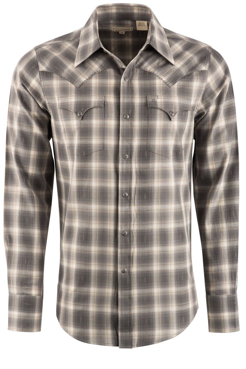 Stetson Mens' Twill Plaid Pearl Snap Shirt - Soft Brown