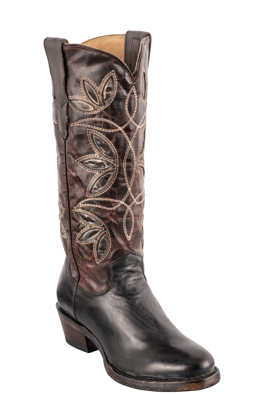 Stetson Women's Leather Vintage Floral Underlay Cowgirl Boots