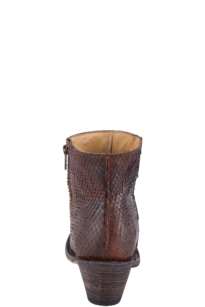 Stetson Women's Fashon Leather Dani Distressed Diamond Cut Cowgirl Booties - Brown