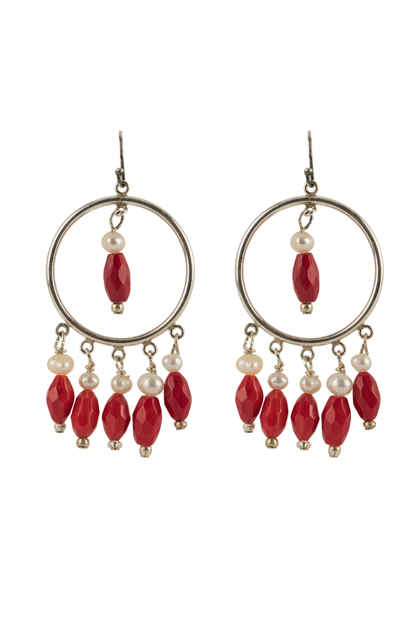 Ann Vlach Faceted Coral & Pearl Chandelier Earrings