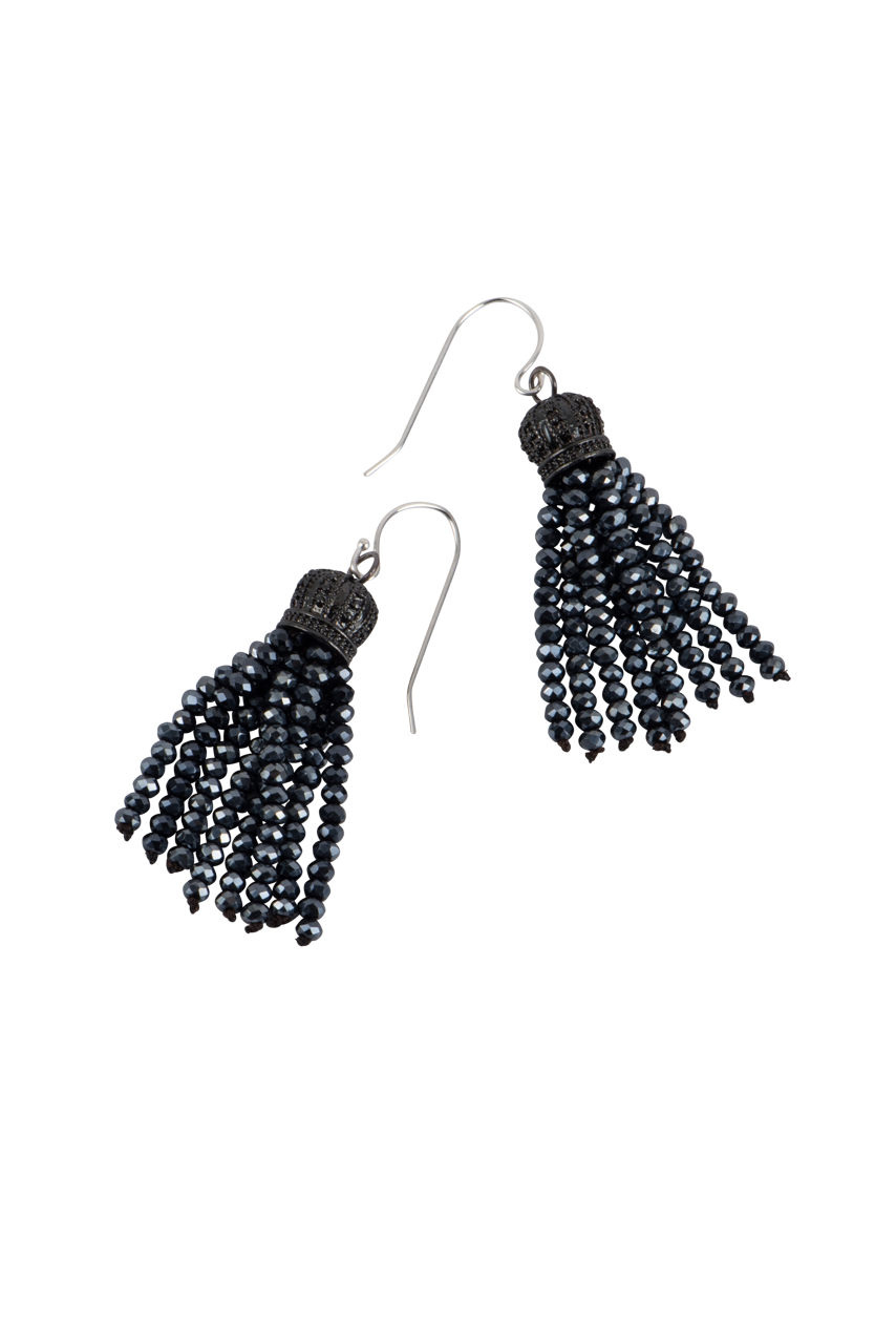 Ann Vlach Mini Black Crystal Tassel Earrings