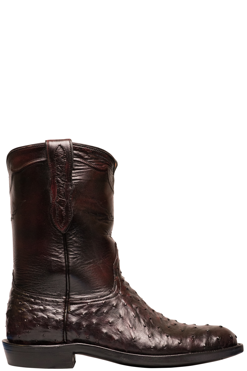 Black Jack Brush Off Full Quill Ostrich Roper Boots - Black Cherry
