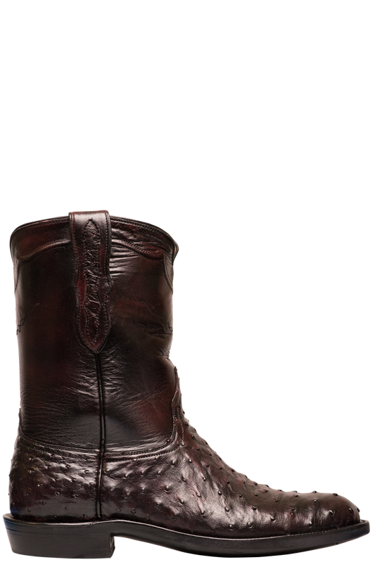 Black Jack Brush Off Full Quill Ostrich Roper Boots - Black Cherry