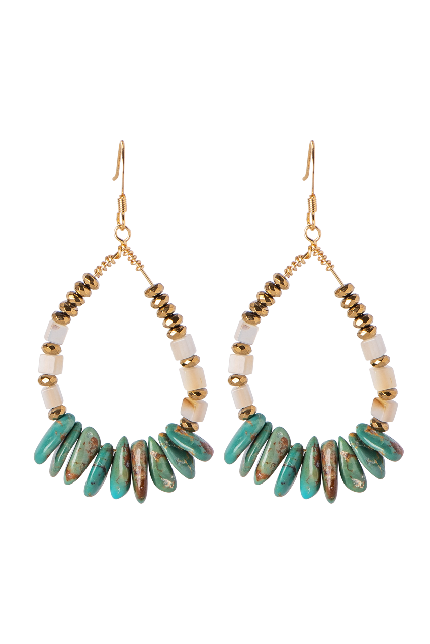 Breathe Deep Mother of Pearl & Royston Boulder Turquoise Hoops Earrings