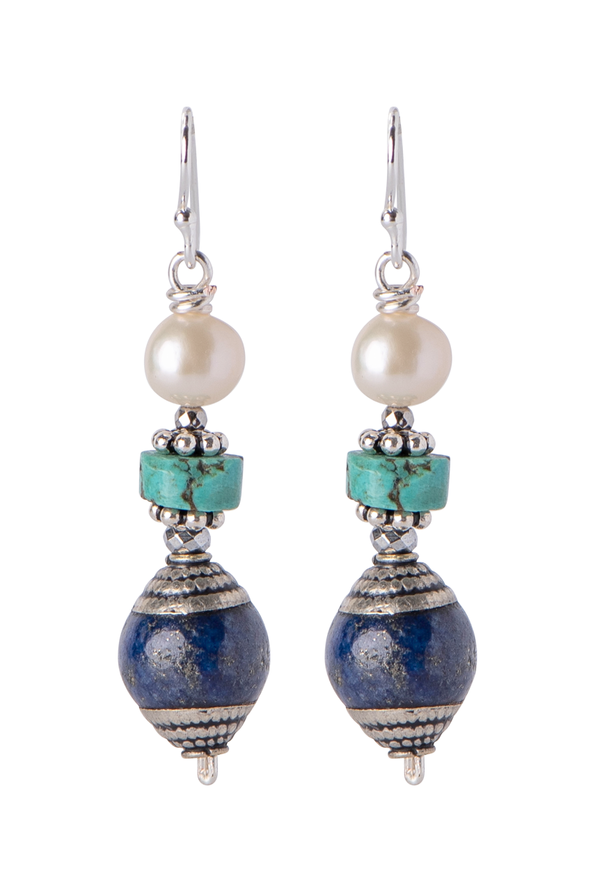 Breathe Deep Designs Pearl, Turquoise and Lapis Drop Earrings