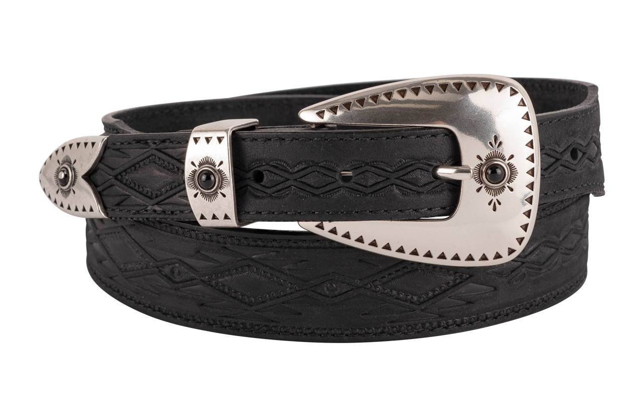 Engraved black ostrich leather western belt