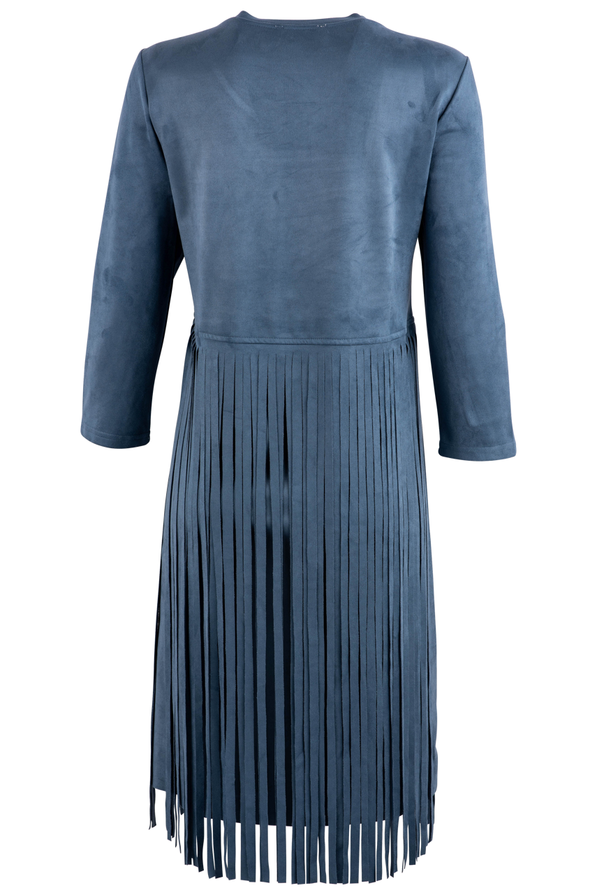 W.A.Y Denim Scoop Neck Suede Fringe Dress