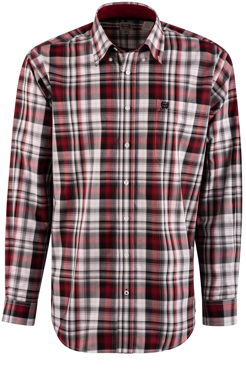 Cinch Plaid Long Sleeve Button-Front Shirt - Burgundy