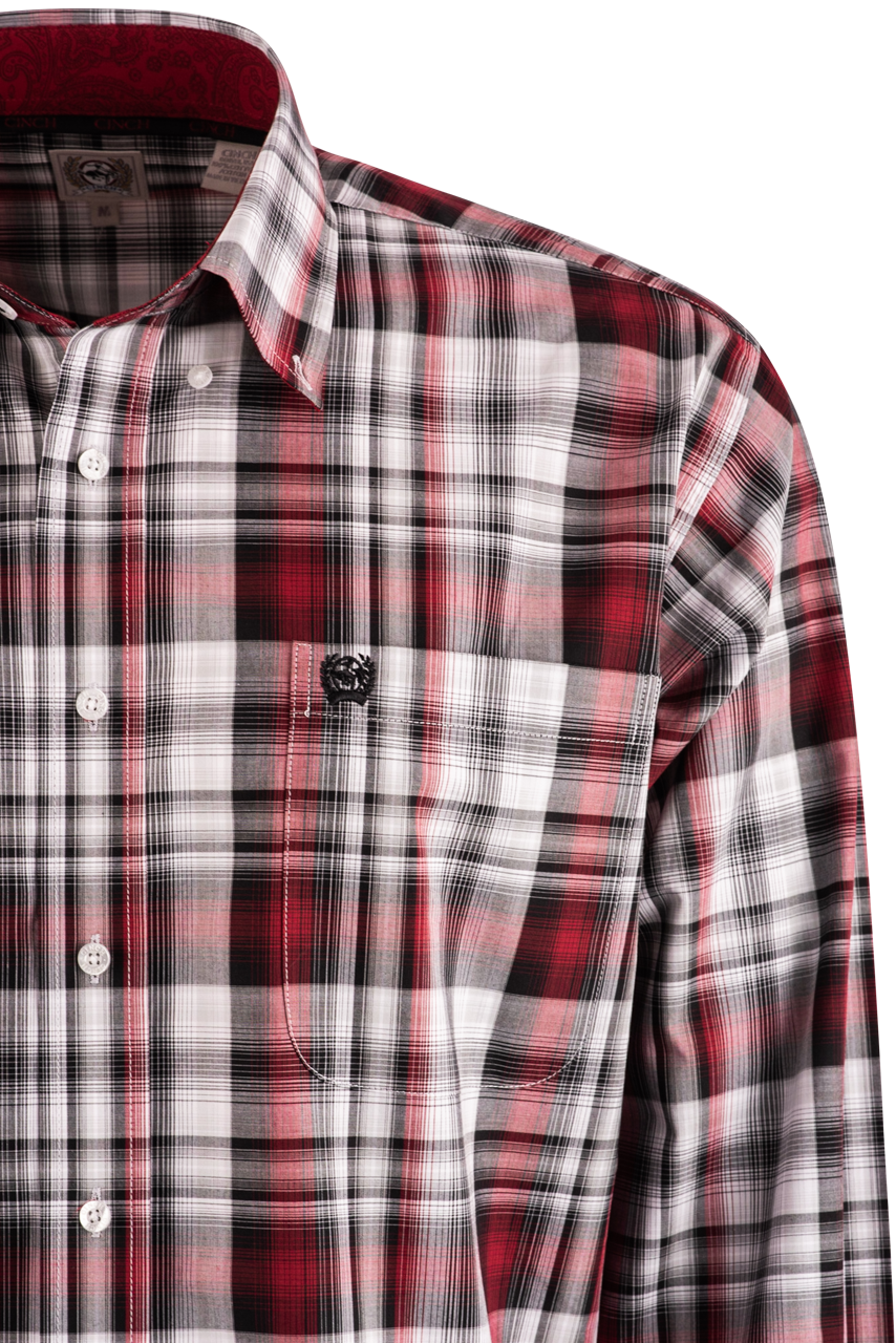 Cinch Plaid Long Sleeve Button-Front Shirt - Burgundy