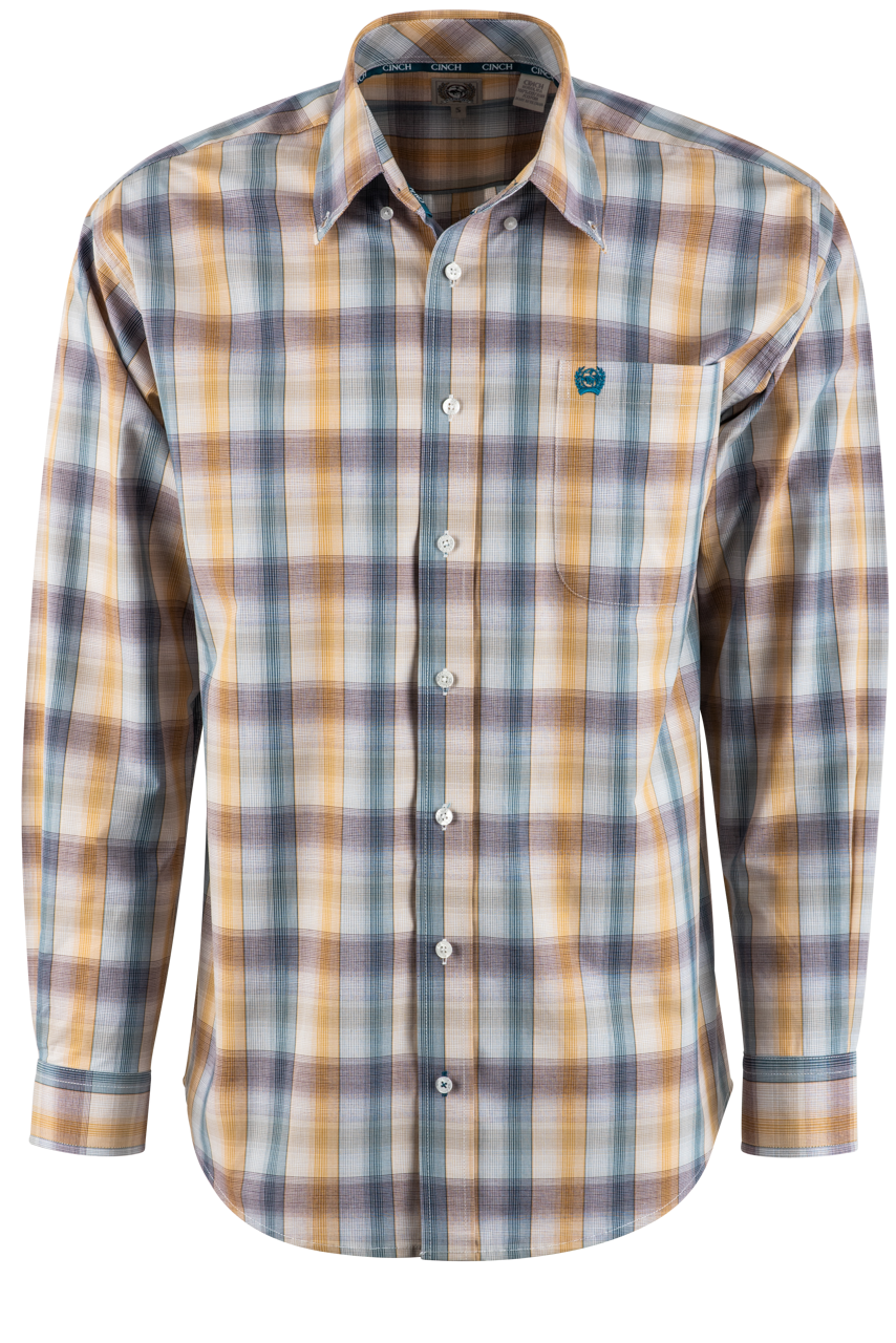 Cinch Plaid Long Sleeve Button-Front Shirt - Gold