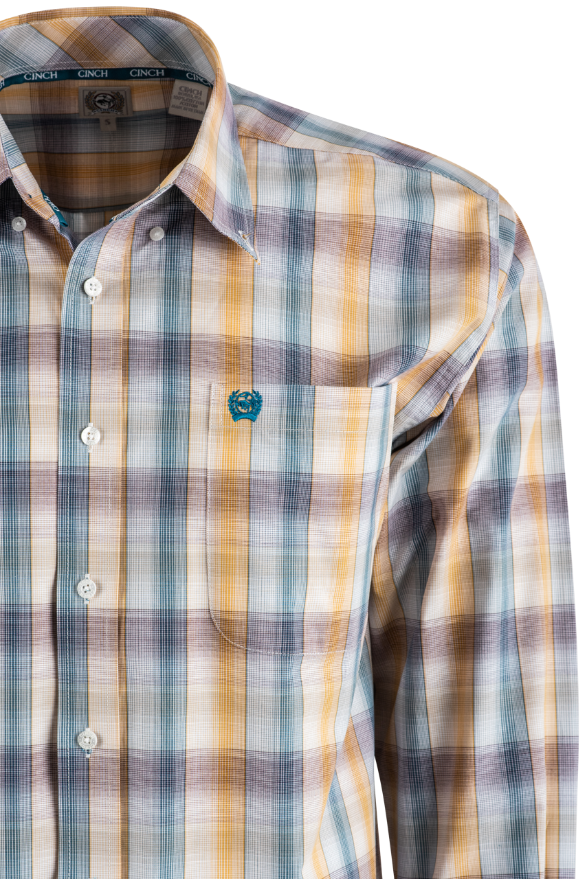 Cinch Plaid Long Sleeve Button-Front Shirt - Gold