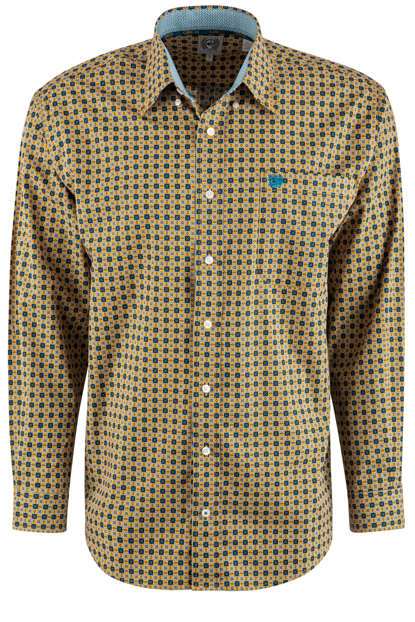 Cinch Print Long Sleeve Button-Front Shirt - Gold
