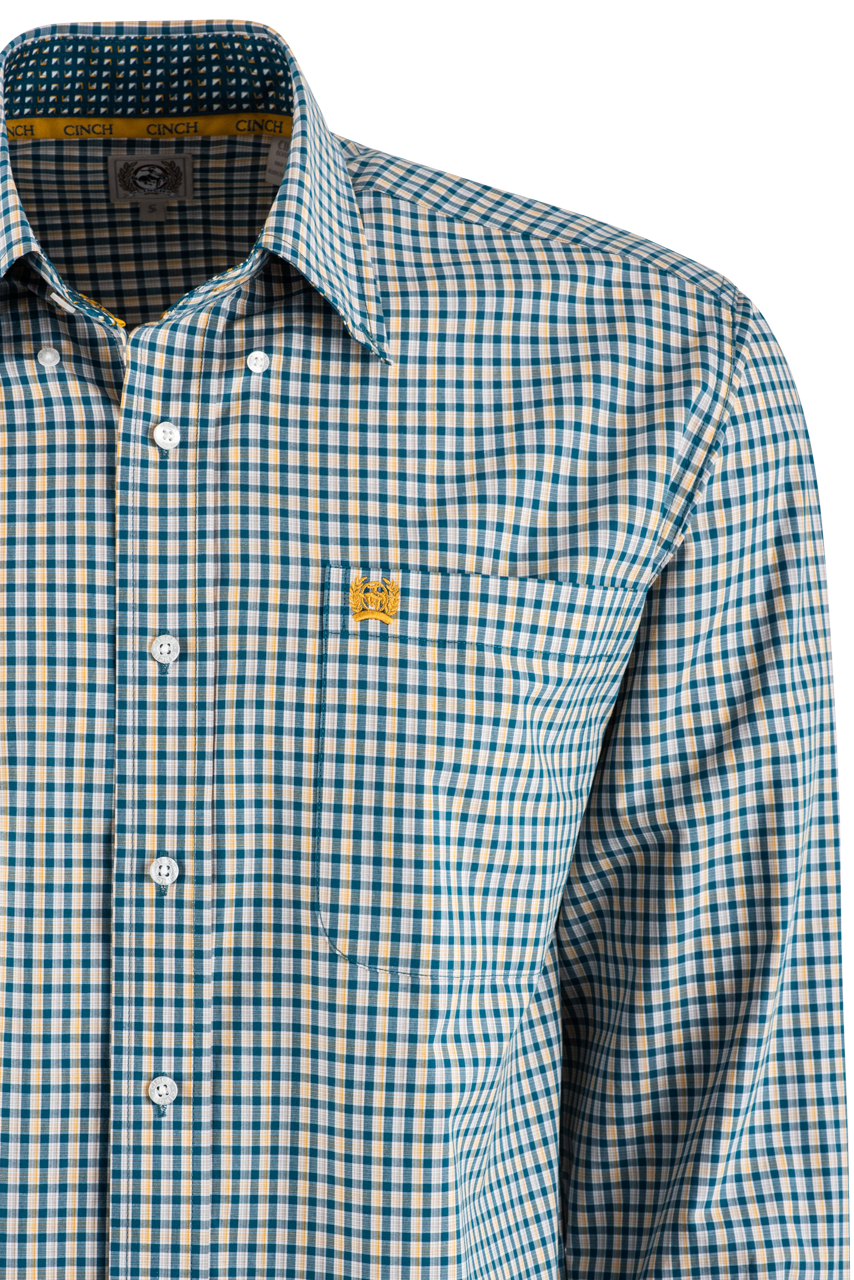 Cinch Check Long Sleeve Button-Front Shirt - Teal