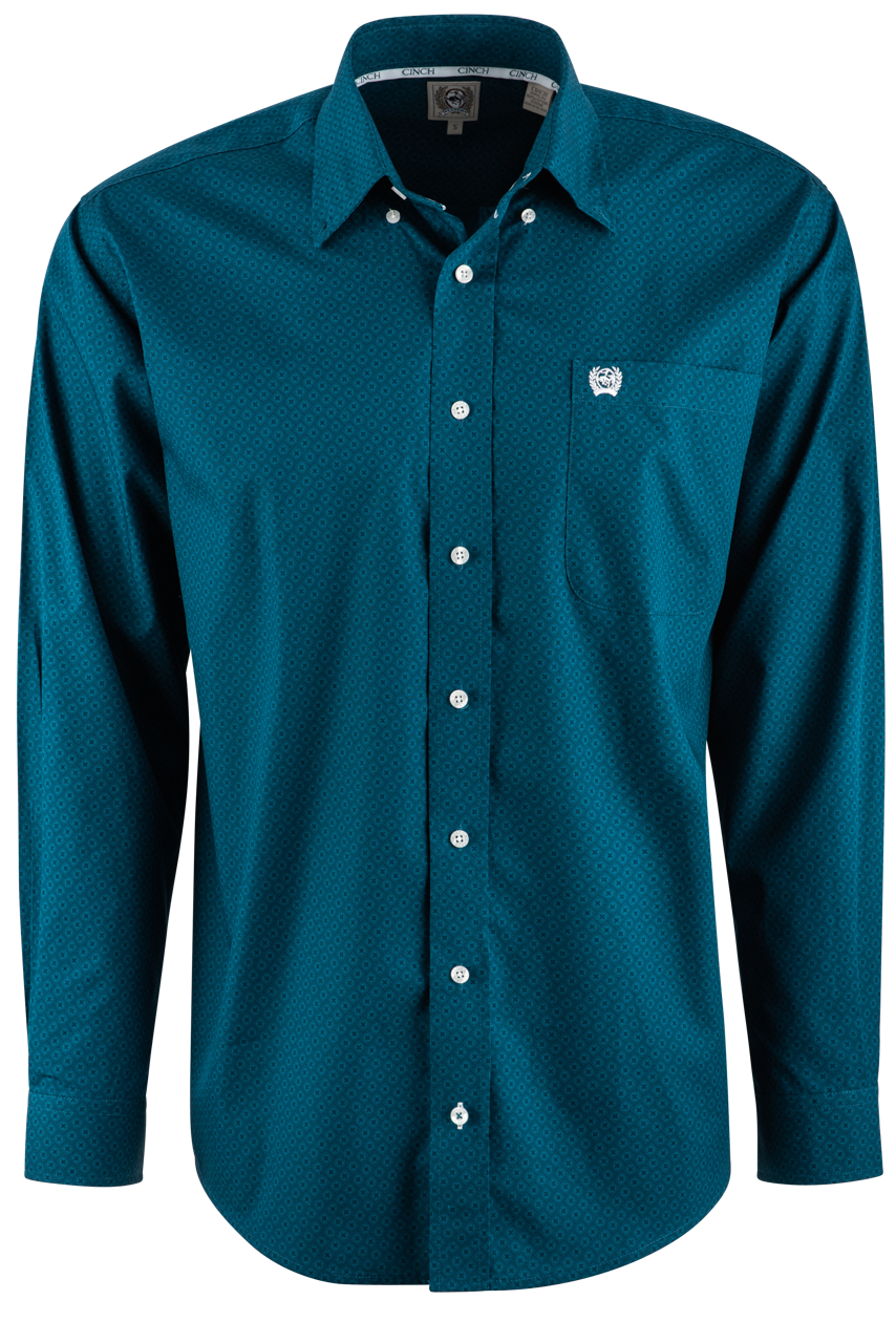 Cinch Solid Foulard Long Sleeve Button-Front Shirt - Teal